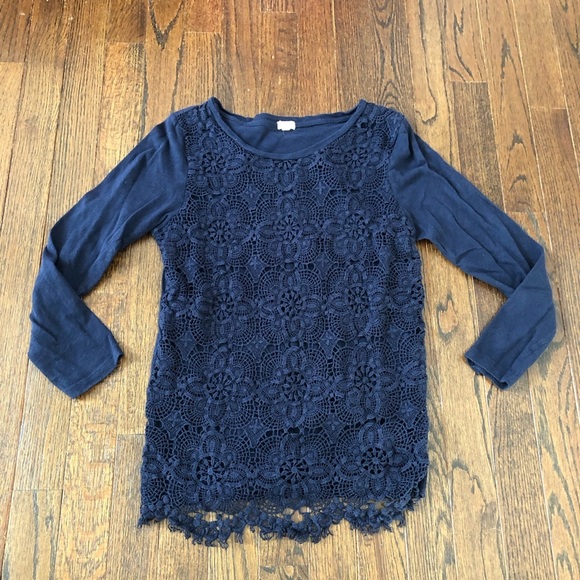 J. Crew Tops - J. Crew Women’s S Navy Blue Floral Lace Front 3/4 Sleeved Cotton Crewneck Blouse